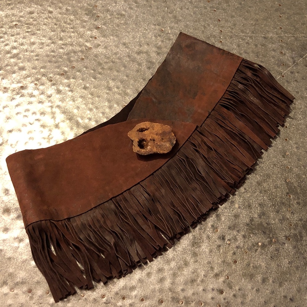 Pat Dahnke Reversible Brown Suede Fringe Waist Belt with Magnetic Geode Feature